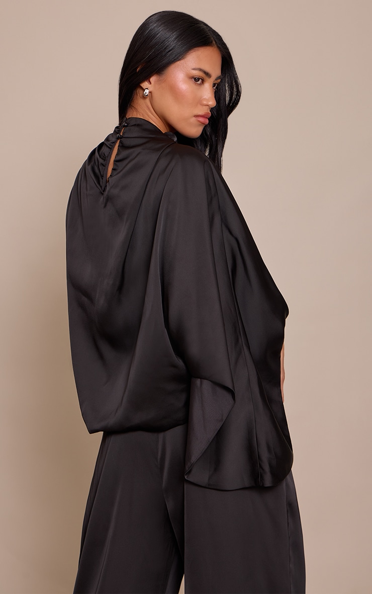 Black Satin One Sleeve Draped Top image 2