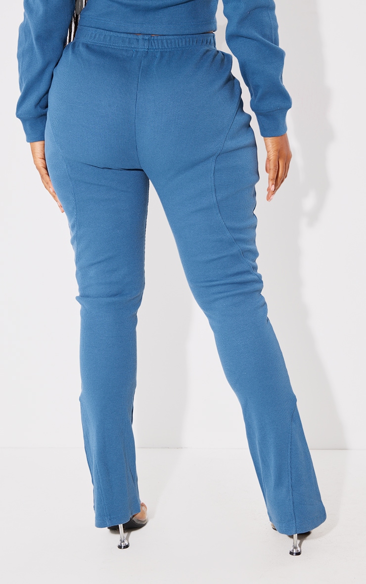  Shape Washed Blue Rib Seam Detail Flare Pants image 3