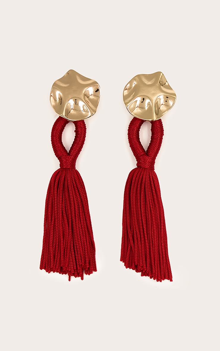 Gold Hammered Circular Earrings with Red Tassel Detail image 2