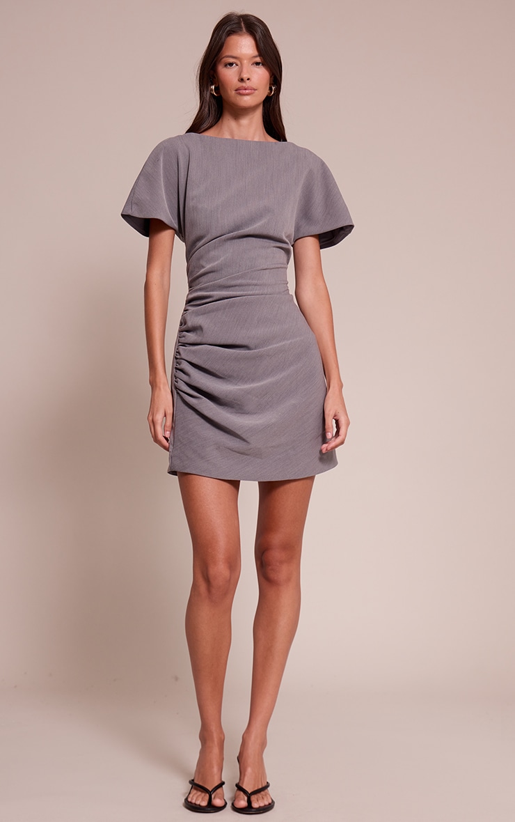 Grey Woven Ruched Short Sleeve Mini Dress image 3