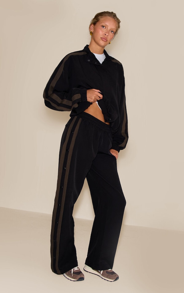 Black Tricot Stripe Detail Zip Through Track Jacket