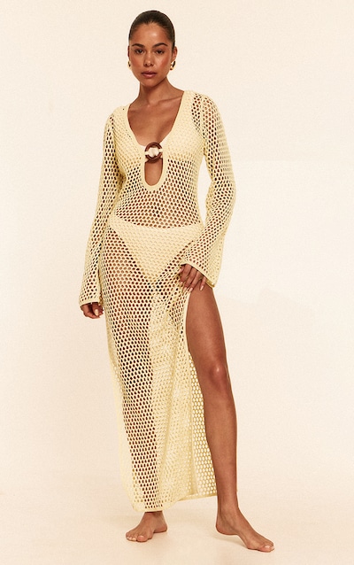 Robe de plage longue en maille style crochet crème à anneau