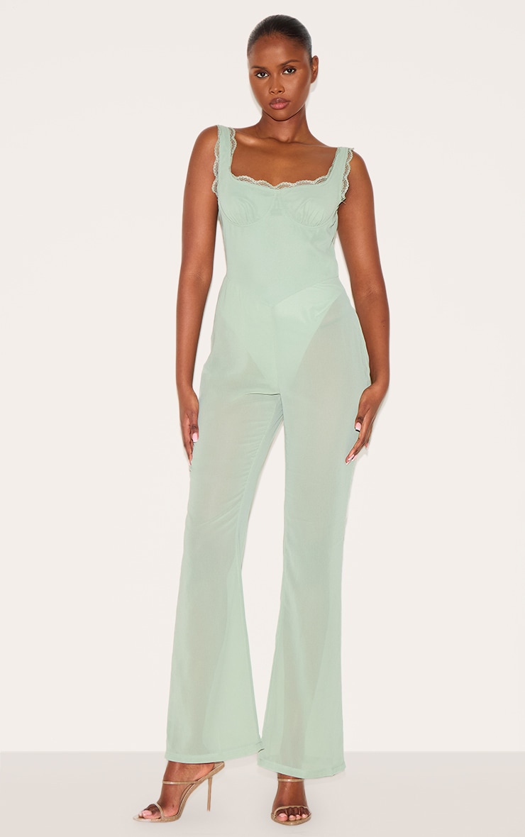 Sage Green Chiffon Corset Detail Flared Jumpsuit image 1