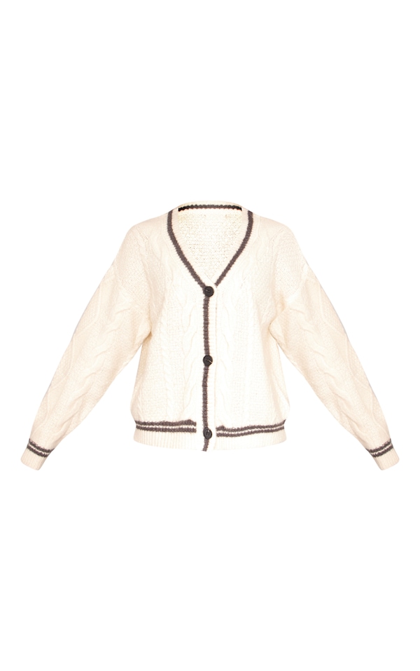 Cream V Neck Long Sleeve Cable Knit Button Up Cardigan image 4