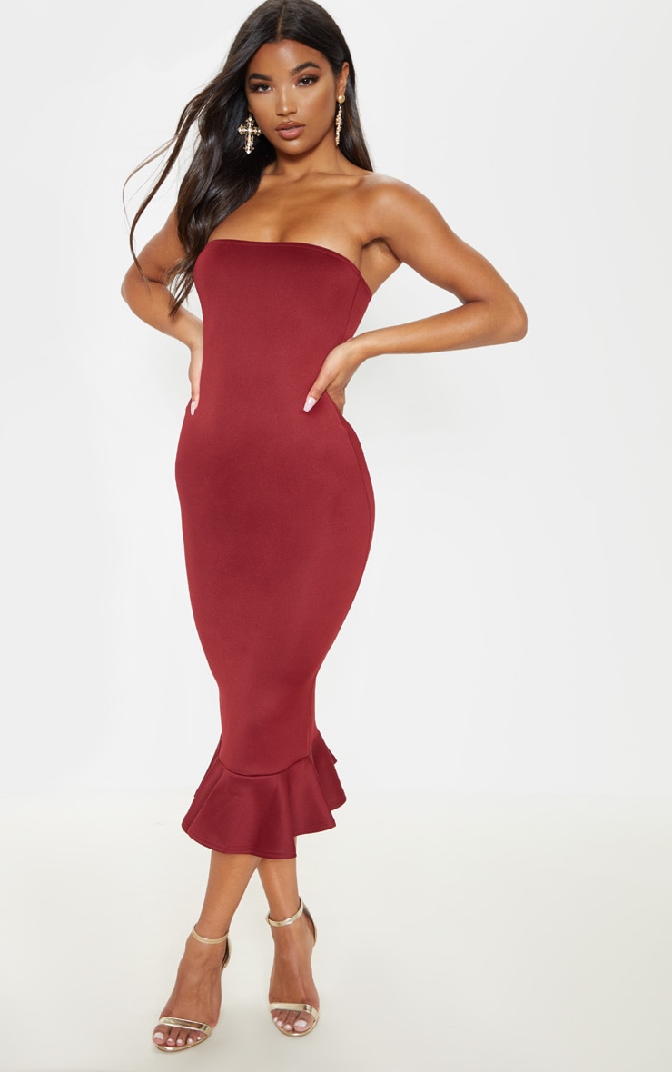 Isabella Burgundy Bandeau Frill Hem Midaxi Dress image 1