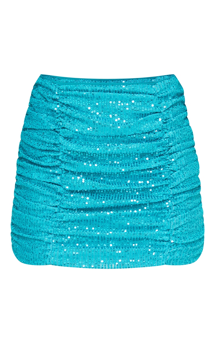 Light Blue Sequin Ruched Seam Detail Mini Skirt PrettyLittleThing USA