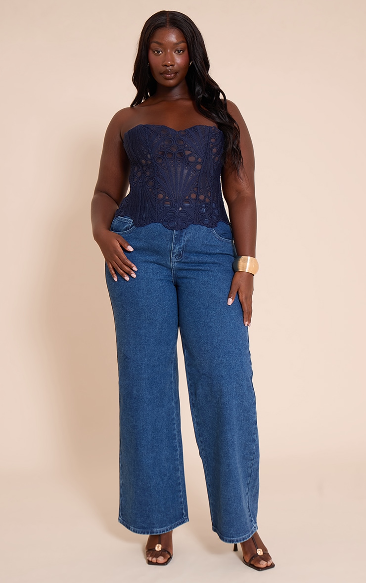 Plus Navy Textured Sheer Floral Lace Corset image 3