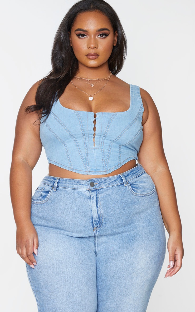 Plus Light Blue Wash Denim Hook And Eye Corset Crop Top