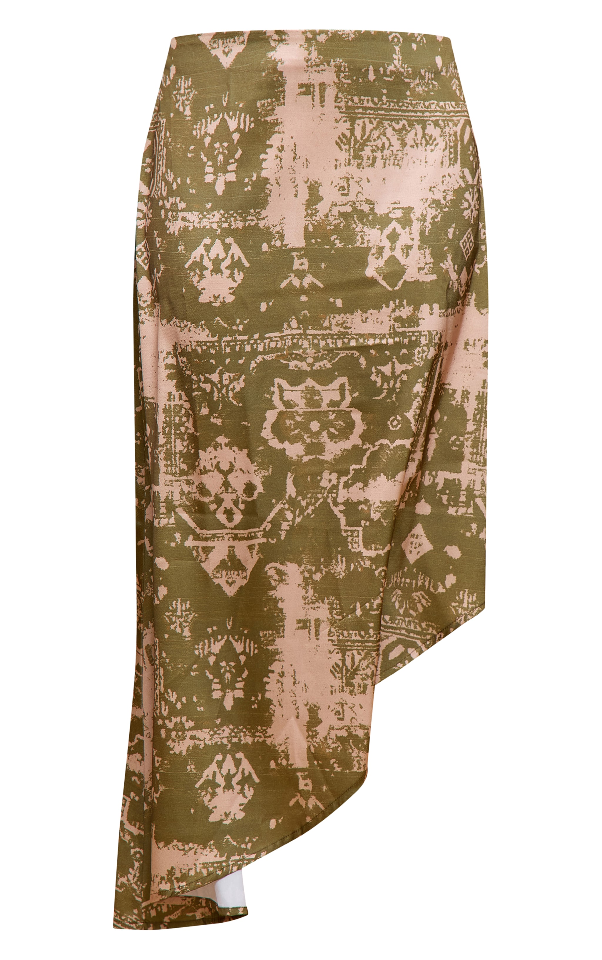 Khaki Printed Satin Asymmetric Midi Skirt image 5