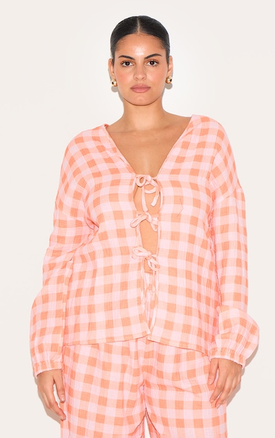 Plus Orange Checked Cheesecloth Tie Front Long Sleeve Shirt