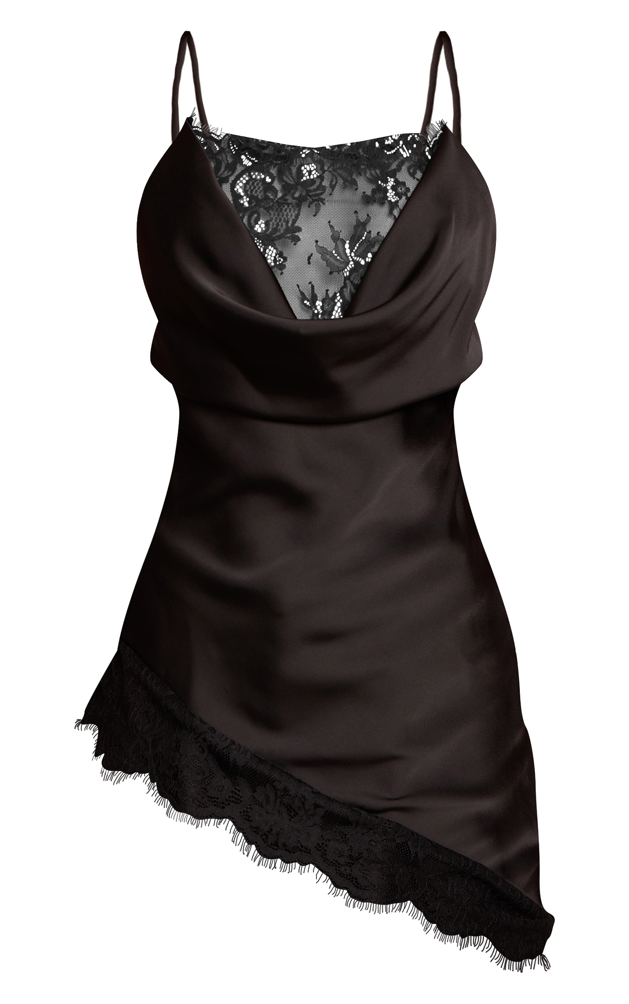 Black Lace Trim Satin Cowl Asymmetric Top