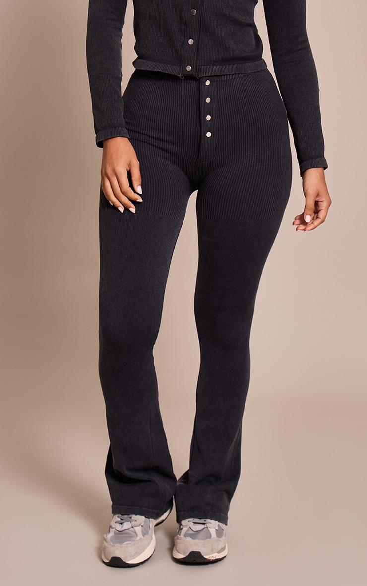Petite Charcoal Faded Snatched Rib Button Detail Flared Leggings image 2