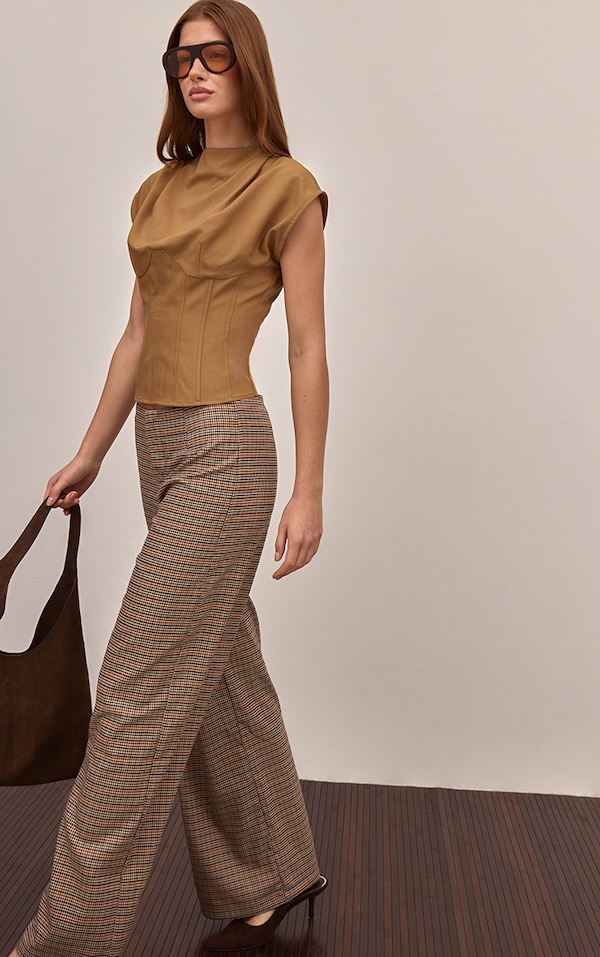 Brown Herringbone Wide Leg Pants