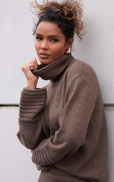 Chocolate Textured Knit Roll Neck Oversized Sweater