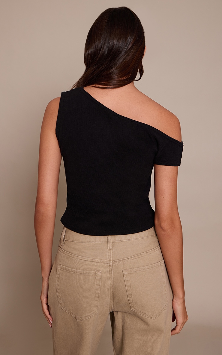 Black Soft Brushed Rib Asymmetric Neckline Long Top   image 2