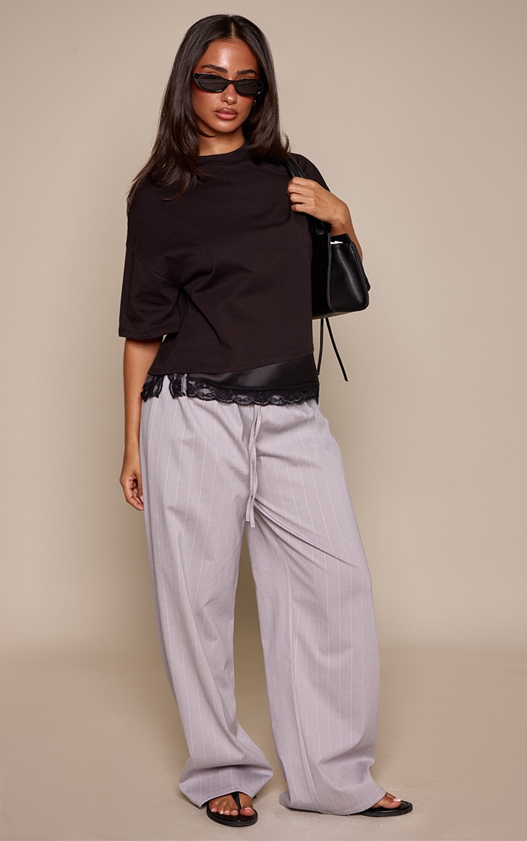 Petite Grey Pinstripe Drawstring Waist Wide Leg Tailored Trousers