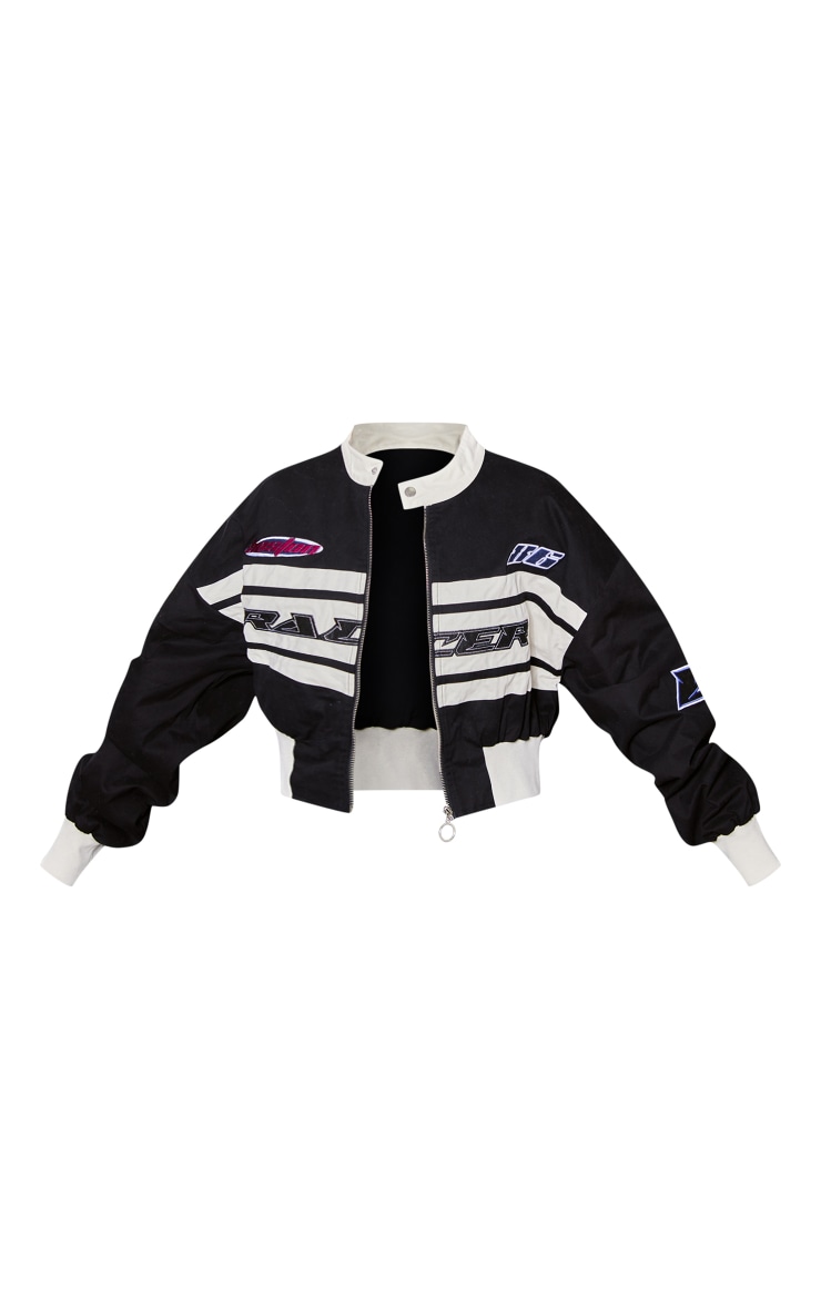 Black Contrast Stripe Peach Skin Ribbed Hem Racer Jacket image 3