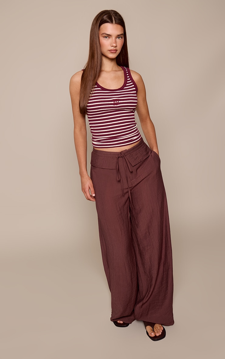 Chocolate Woven Folded Waist Straight Leg Trouser