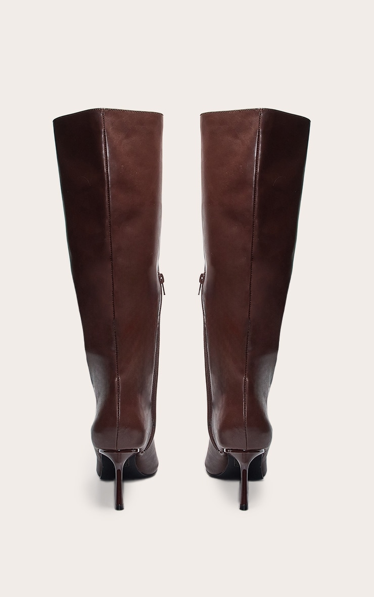Chocolate PU Point Toe Stiletto Knee High Boots image 4