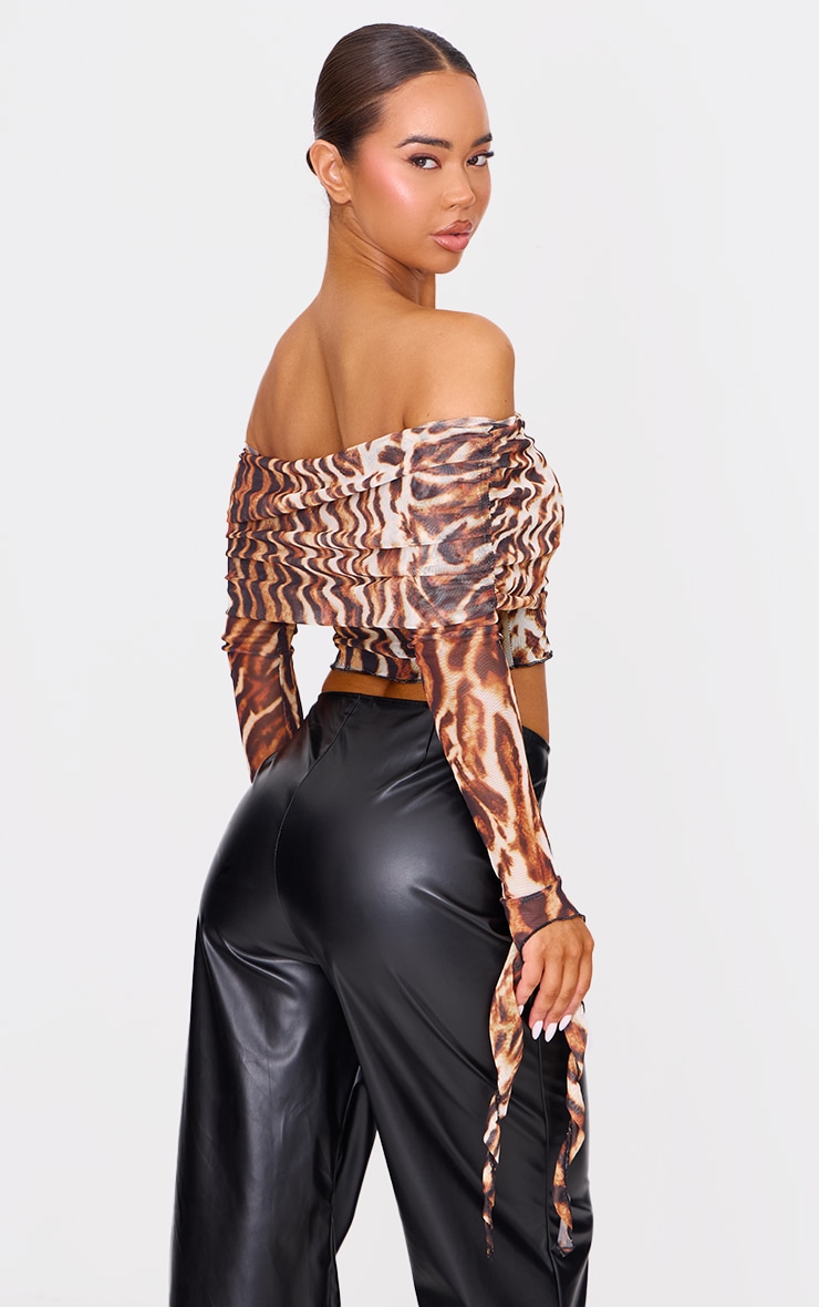 Brown Leopard Mesh Ultra Long Drape Sleeve Crop Top image 2