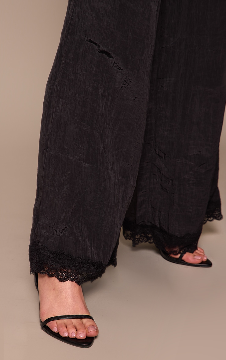 Black Textured Satin Lace Trim Pants image 4