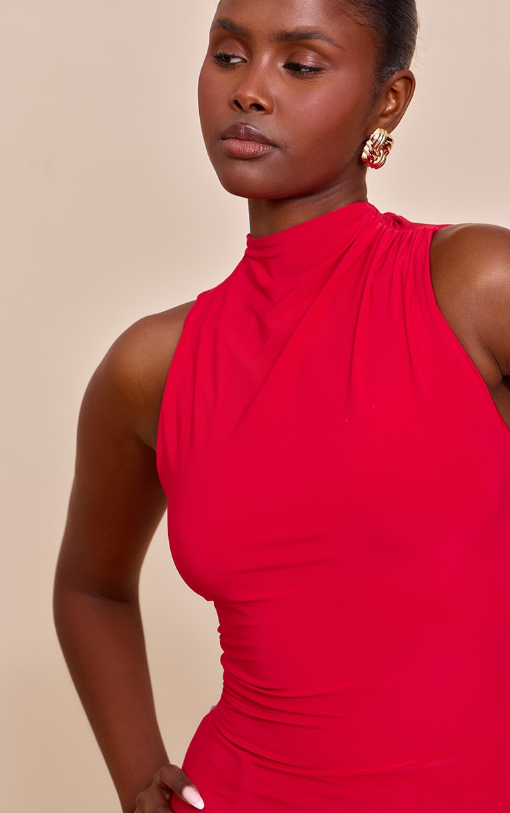 Tomato Red Double Layer Slinky Drapey High Neck Top image 4
