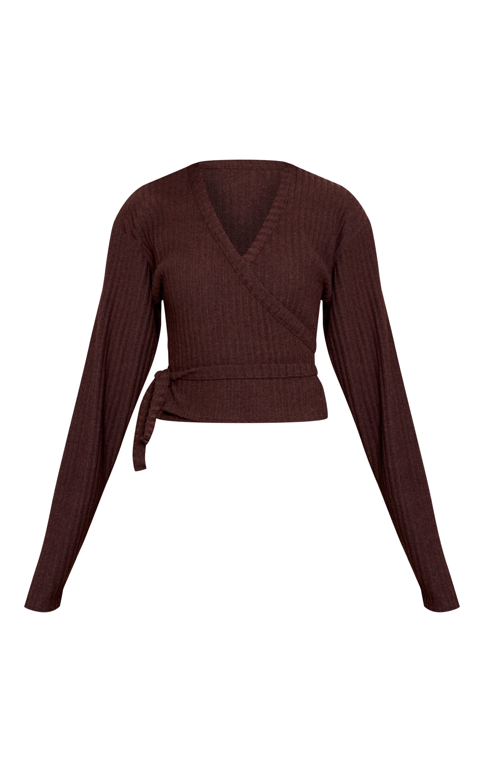 Dark Brown Brushed Wrap Over Tie Waist Top image 5