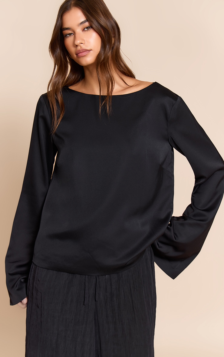 Black Satin Boat Neck Flare Sleeve Top image 4