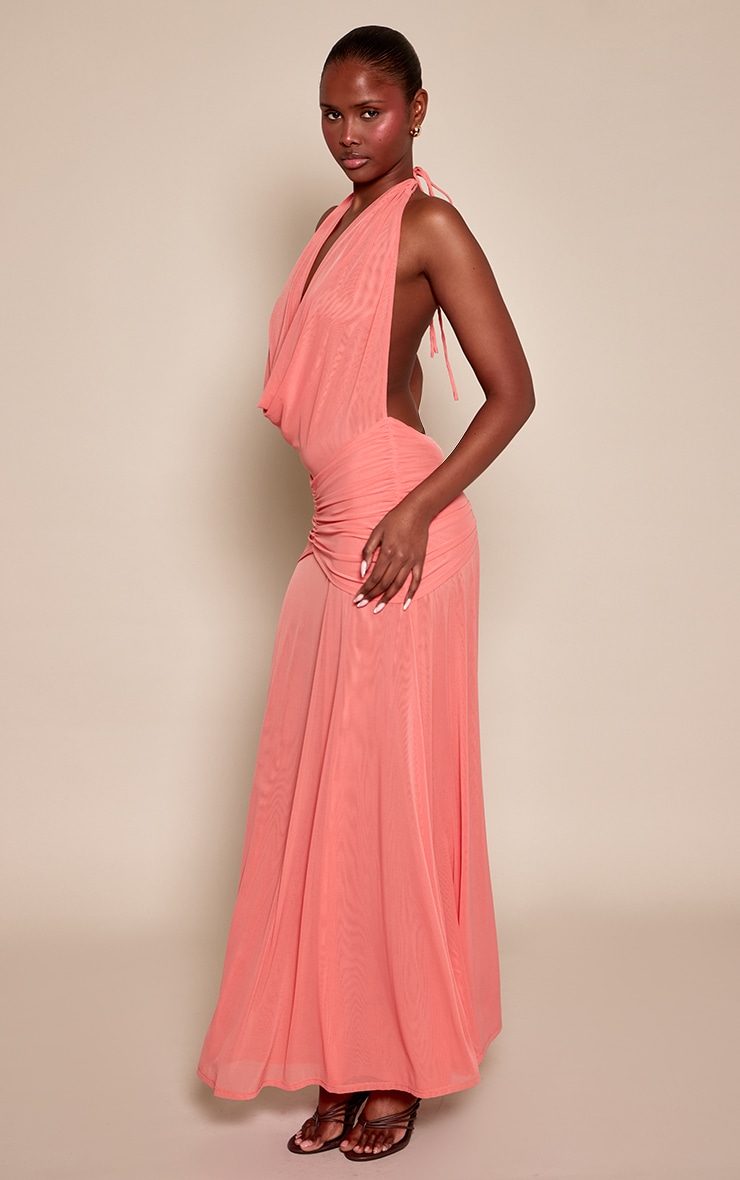 Apricot Mesh Cowl Neck Ruched Front Maxi Dress image 3