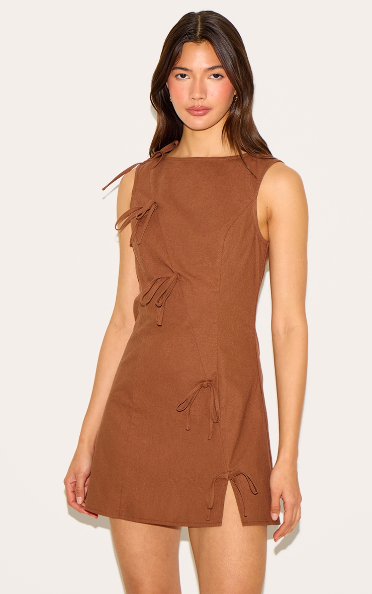 Chestnut Woven Asymmetric Bow Detail Shift Dress image 1