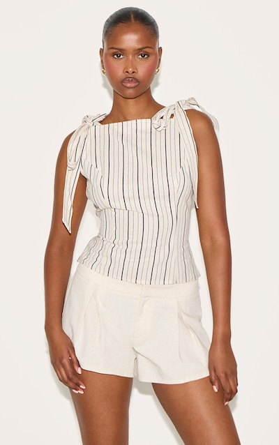 Sand Striped Linen-Blend Shoulder Tie Detail Top