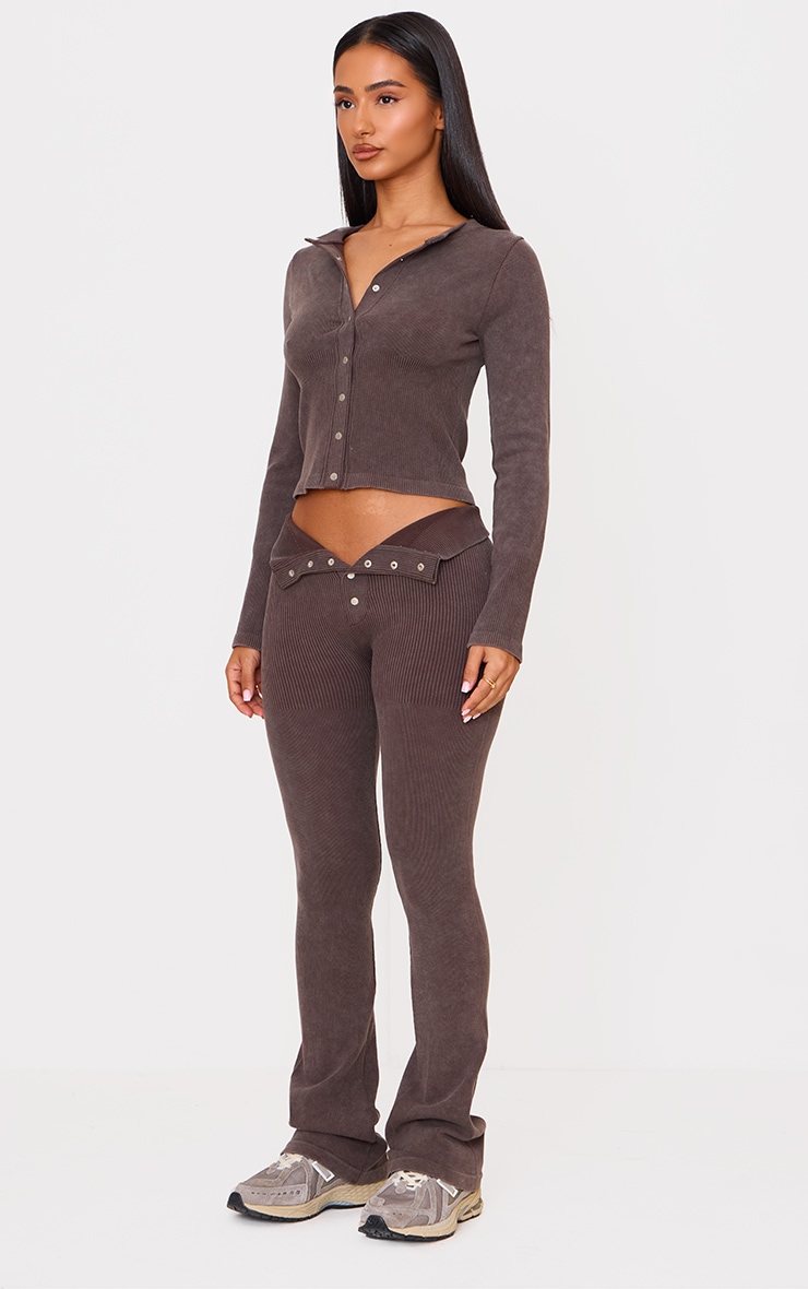 Petite Chocolate Faded Snatched Rib Long Sleeve Button Up Long Top image 3