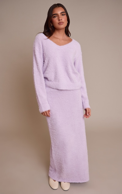 Jupe longue en maille tricot duveteuse lilas