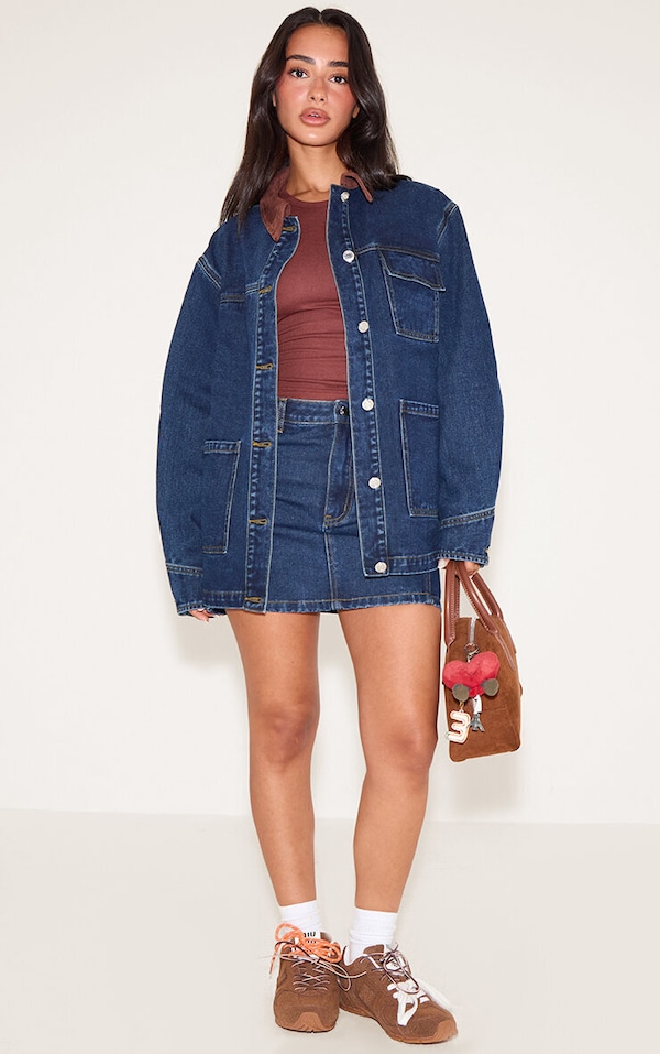 Petite Mid Blue Wash Seam Detail Denim Mini Skirt
