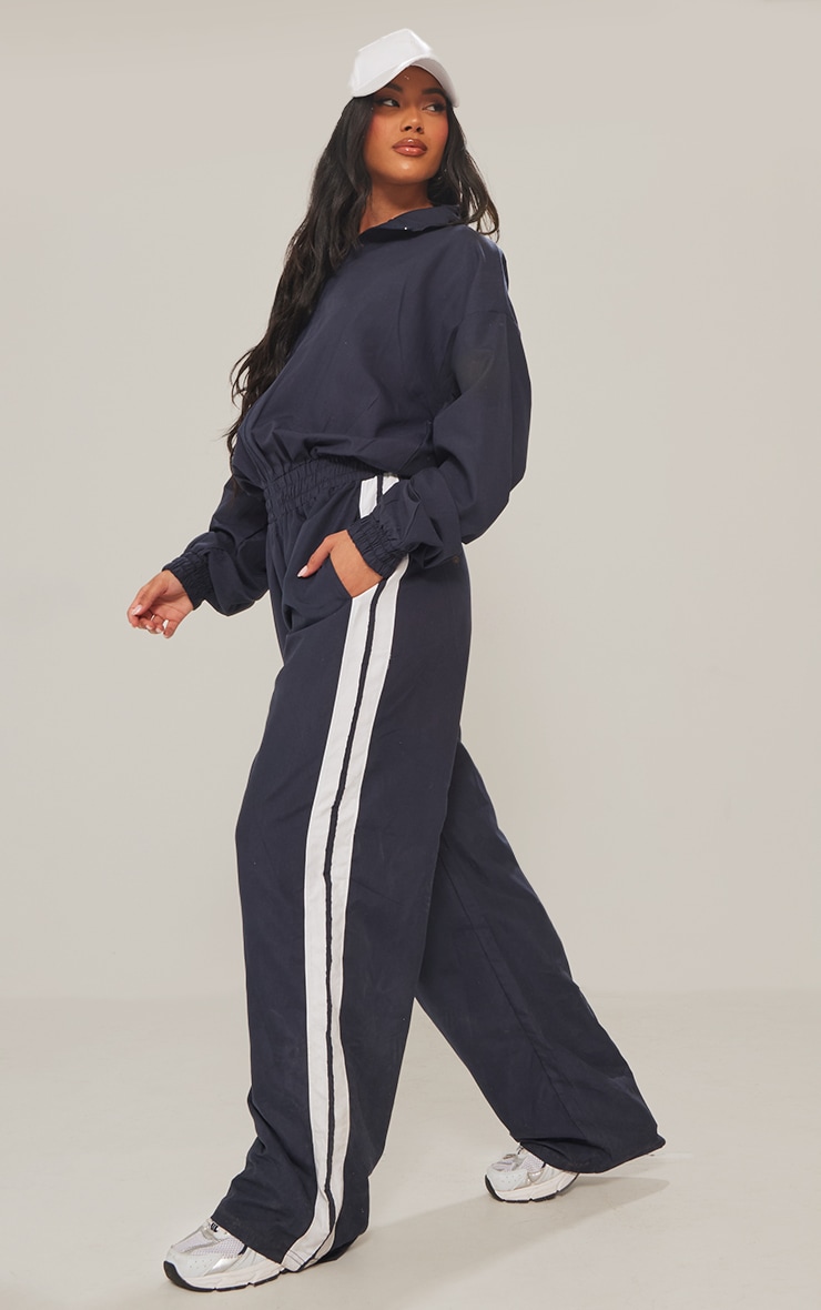 Navy Zip Up Contrast Stripe Wide Leg Jumpsuit image 1