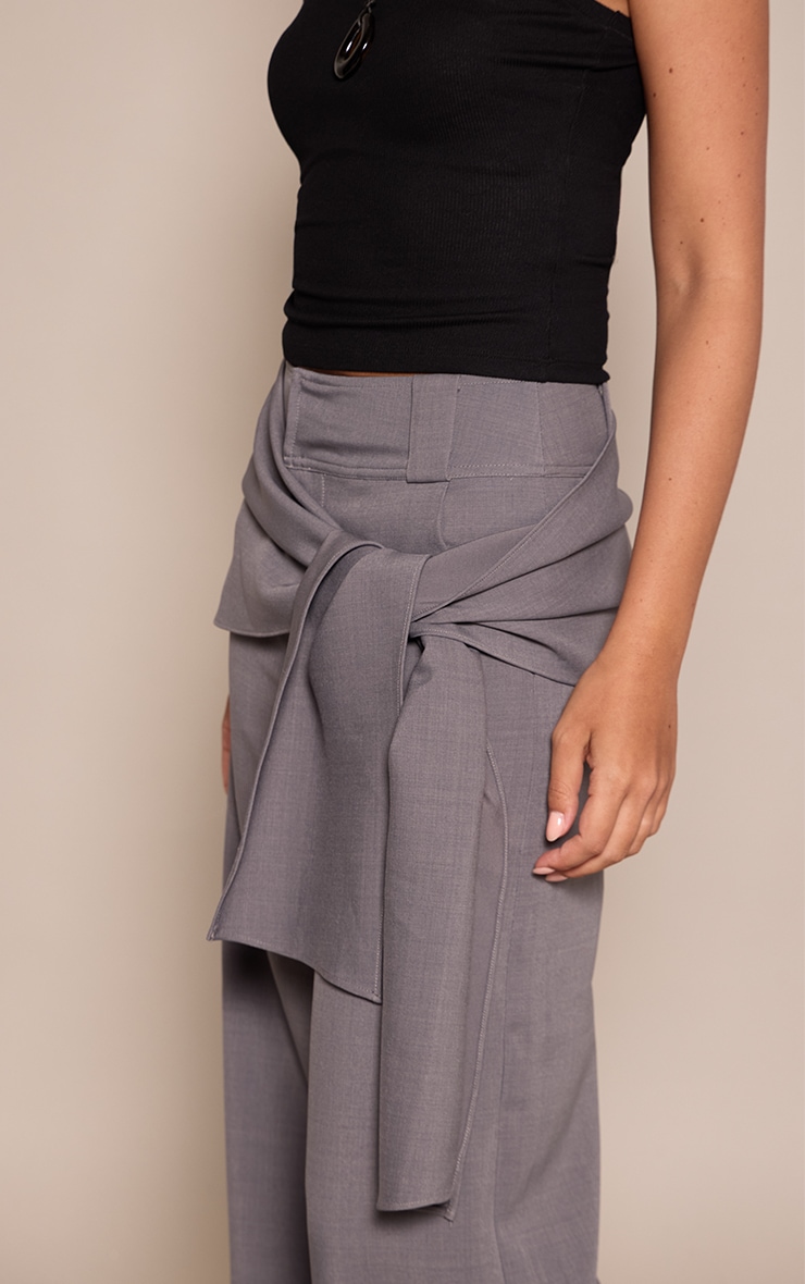 Charcoal Woven Scarf Overlay Wide Leg Pants image 4