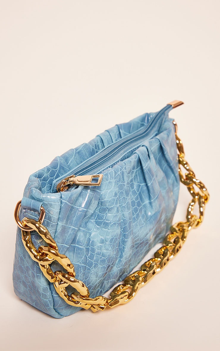 Blue PU Croc Gold Chain Shoulder Bag image 4