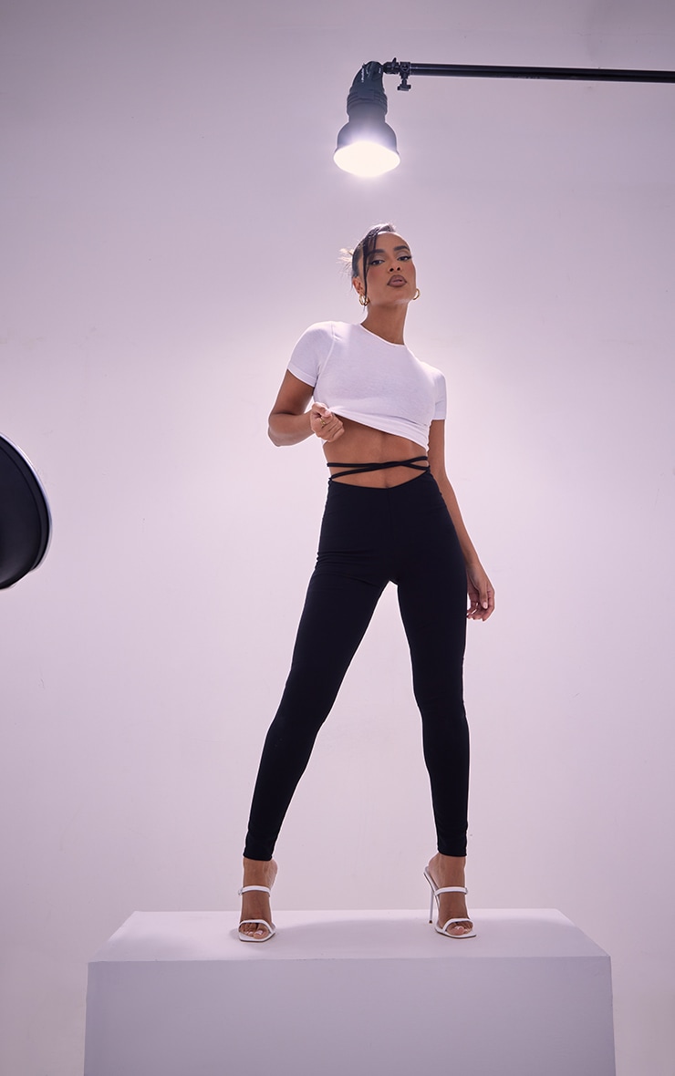 Black Crepe Tie Waist Low Rise Leggings image 1