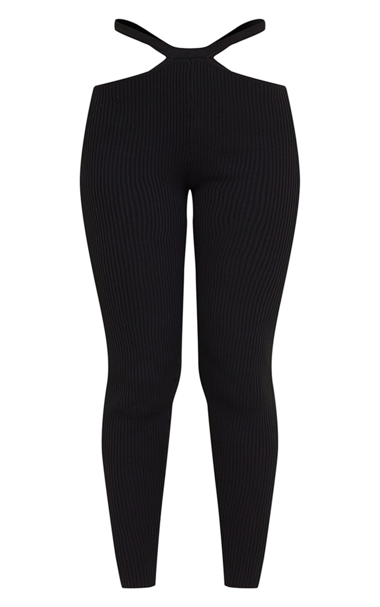 Black Rib Knit Cut Out Waist Leggings image 5