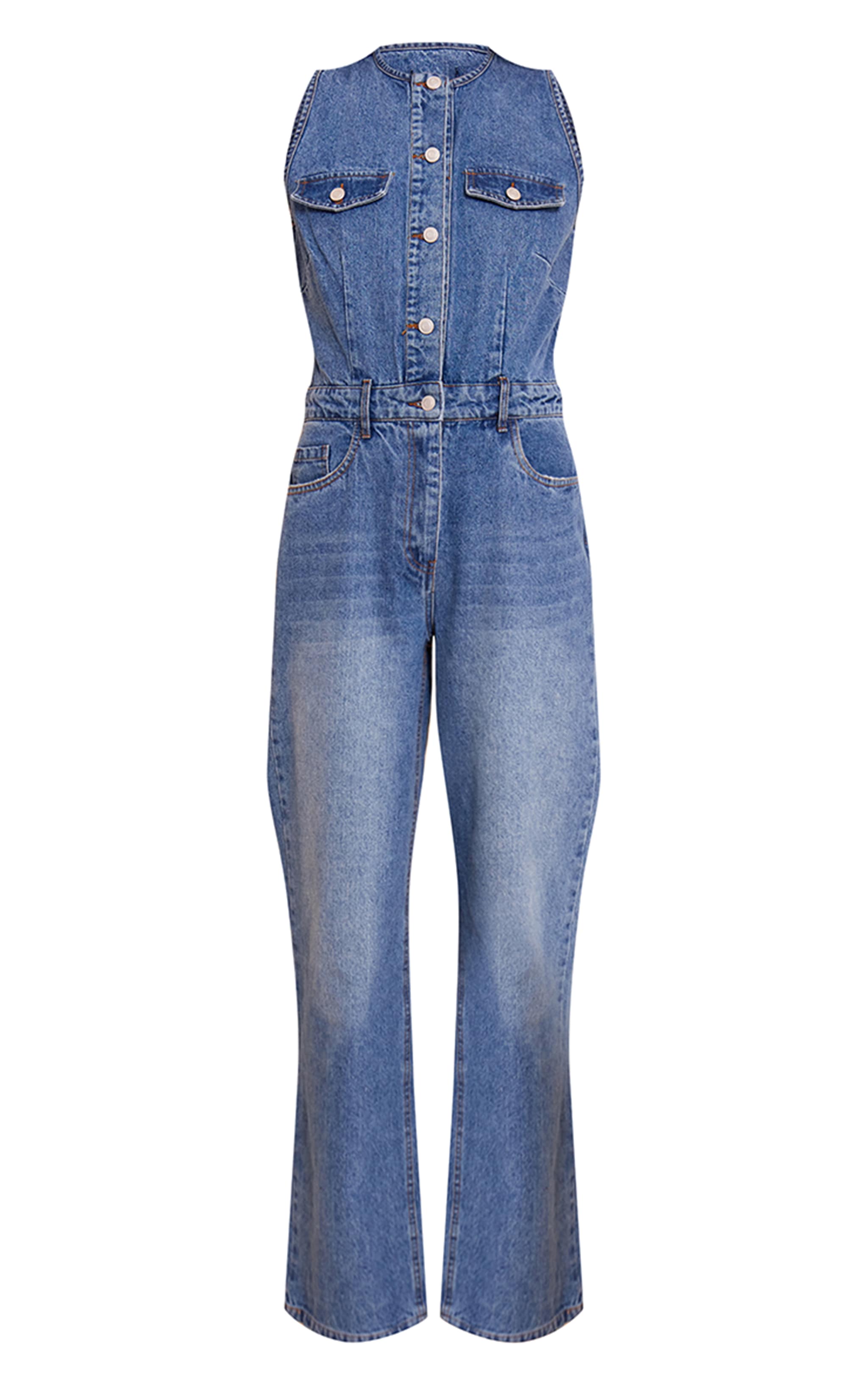 Mid Blue Wash Sleeveless Shirt Style Denim Jumpsuit image 5