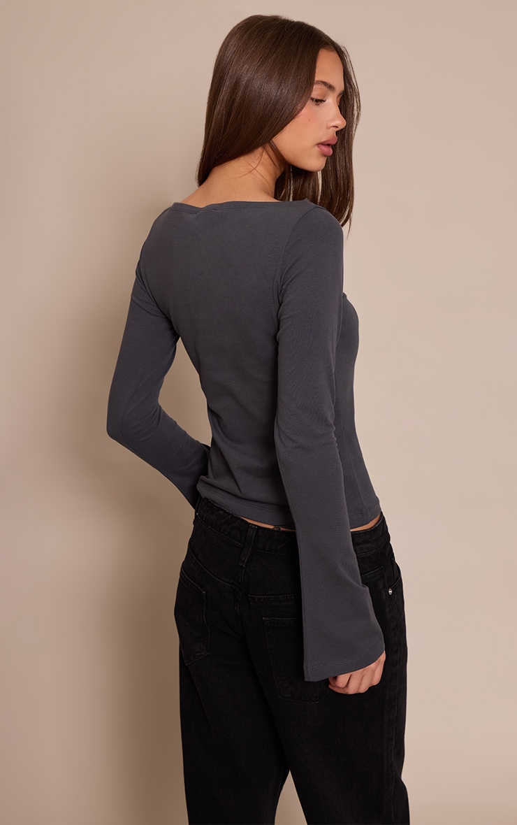 Charcoal Soft Cotton Boat Neck Flared Long Sleeve Top image 2