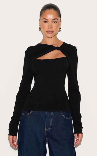 Black Fine Knit Twist Neck Long Sleeve Top