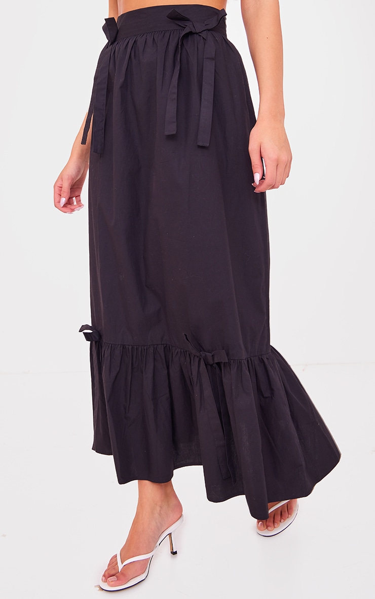 Black Cotton Poplin Bow Detail Maxi Skirt