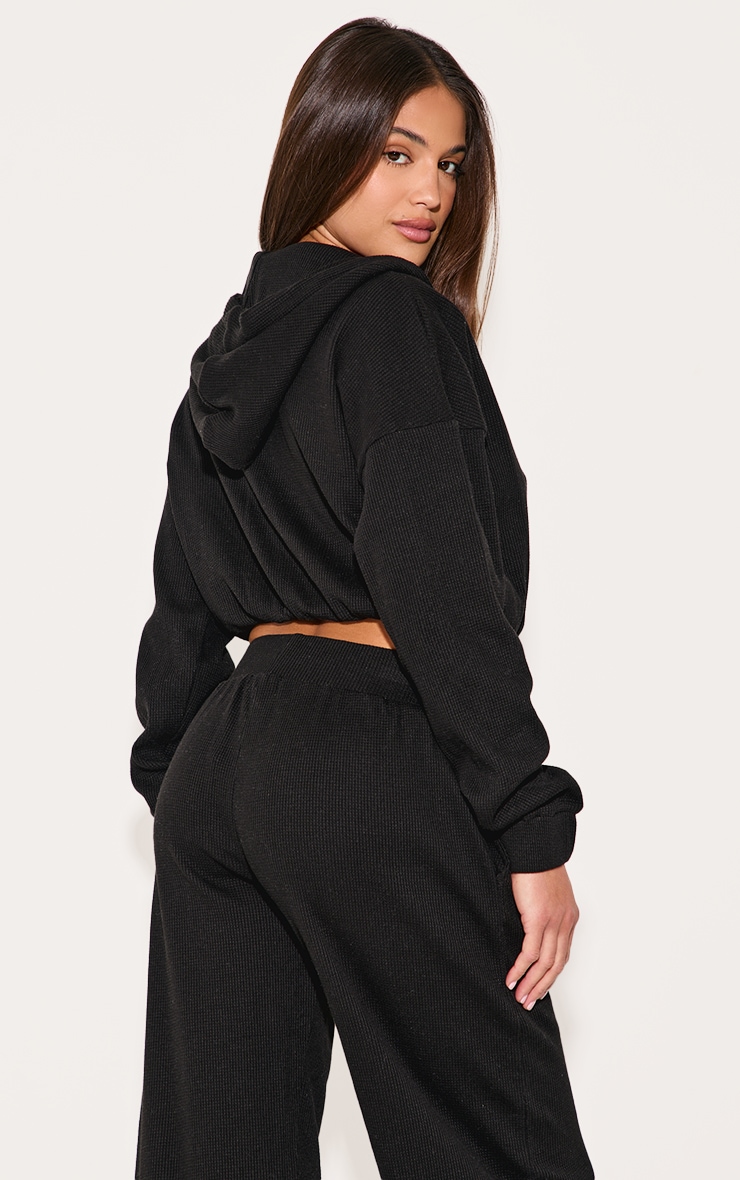 Black Waffle Detail Hooded Cropped Jacket image 2