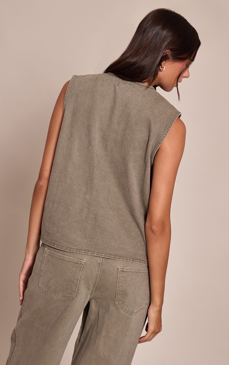 Dark Khaki Sleeveless Button Down Denim Vest image 2