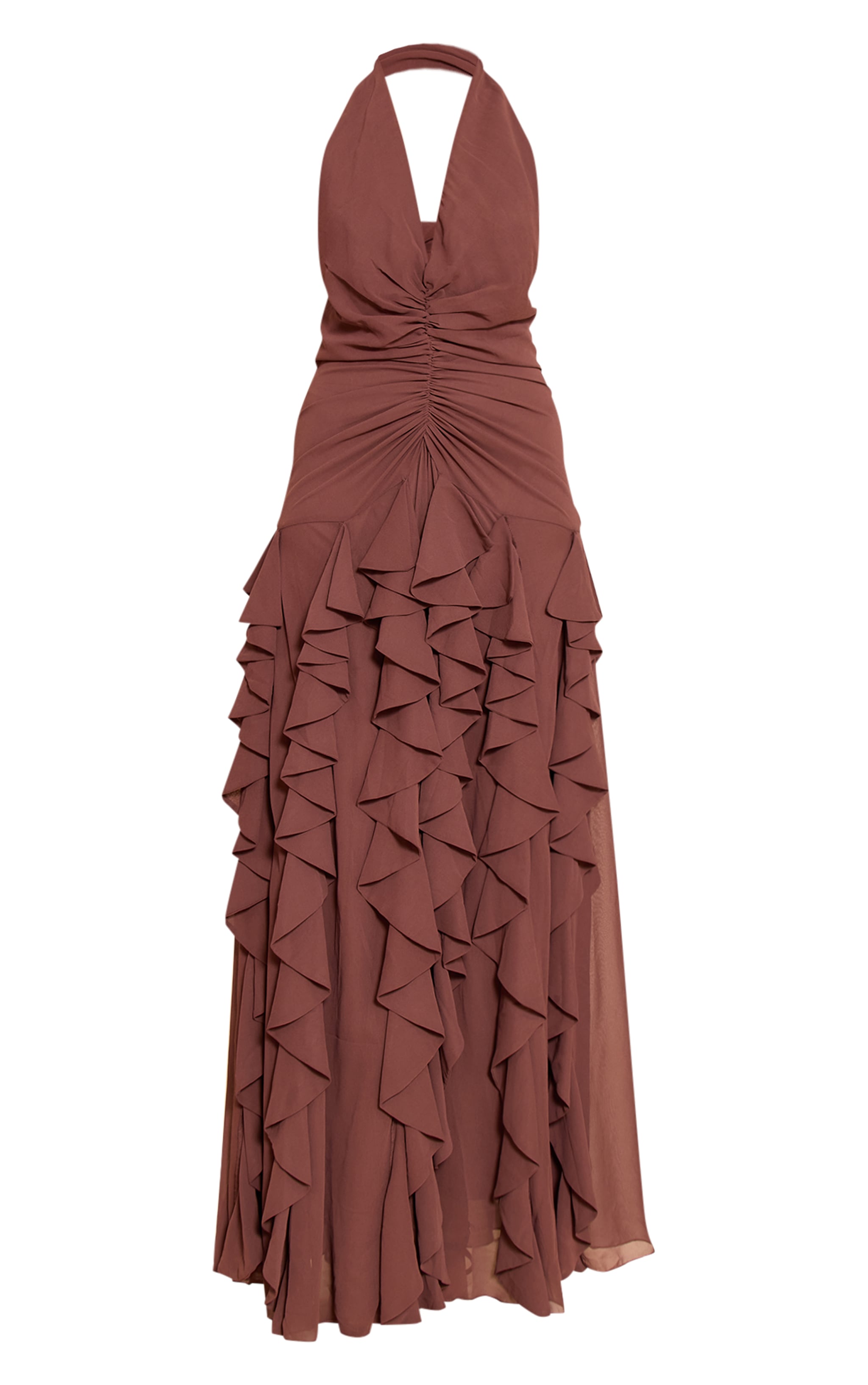 Chocolate Plunge Ruched Frill Detail Maxi Dress image 5