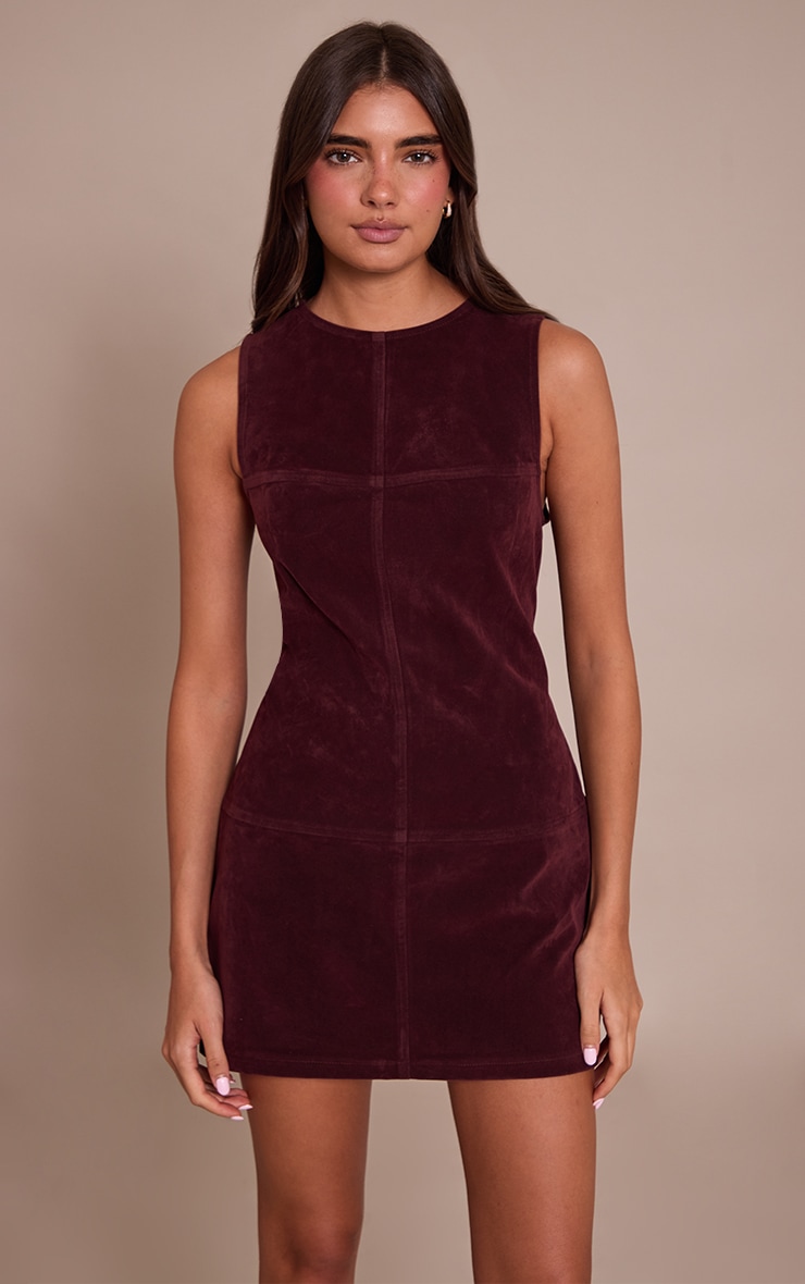 Burgundy Structured Faux Suede Seam Detail Sleeveless Shift Dress image 1