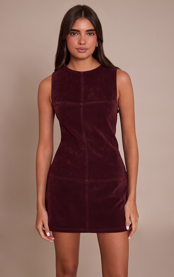 Burgundy Structured Faux Suede Seam Detail Sleeveless Shift Dress