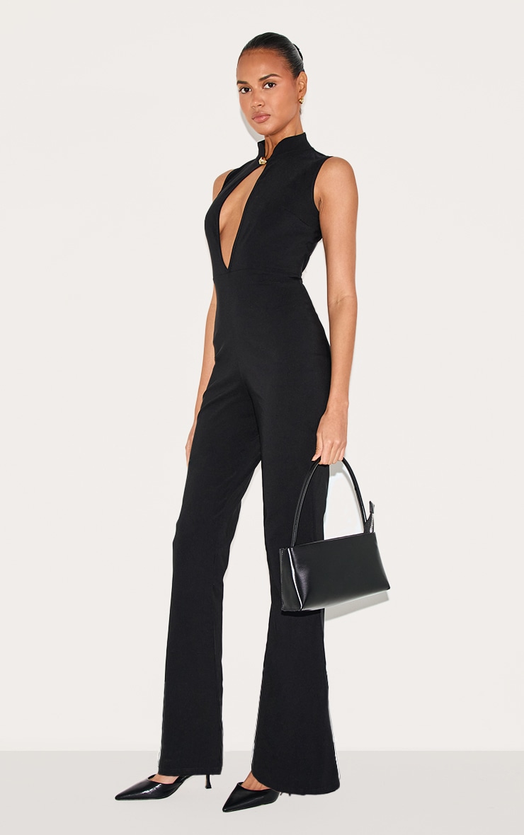Black Stretch Woven Collared Gold Trim Straight Leg Jumpsuit image 3