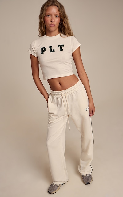 PRETTYLITTLETHING Cream Contrast Binding Wide Leg Track Pants
